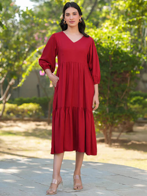 Saheli Red Rayon Solid Tiered Dress