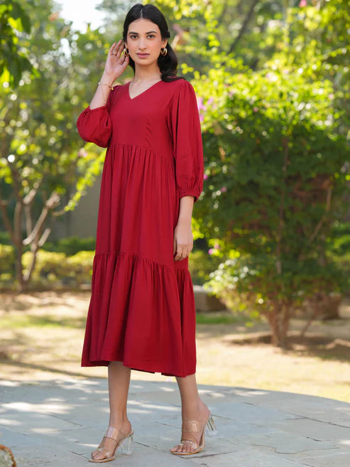 Saheli Red Rayon Solid Tiered Dress