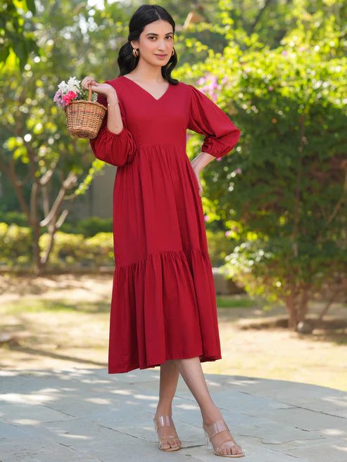 Saheli Red Rayon Solid Tiered Dress