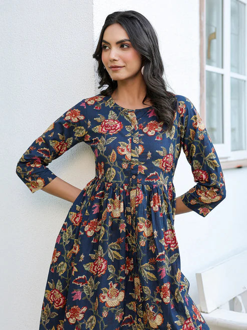 Saheli Navy Blue Pure Cotton Floral Printed A-line Dress