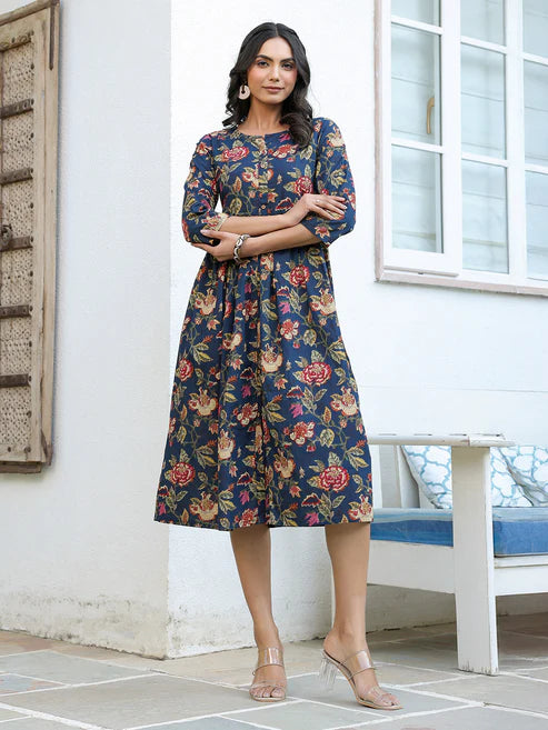 Saheli Navy Blue Pure Cotton Floral Printed A-line Dress