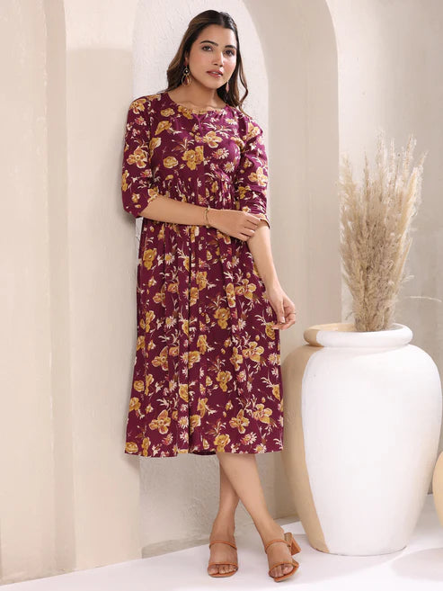 Saheli Wine Pure Cotton Floral Printed Gathered Dress