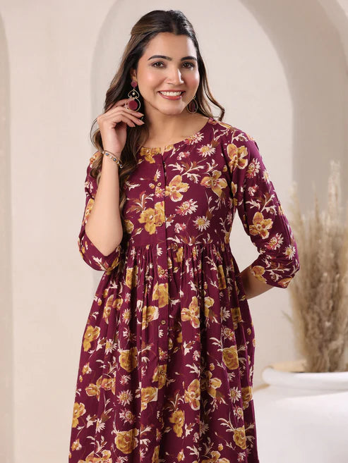 Saheli Wine Pure Cotton Floral Printed Gathered Dress