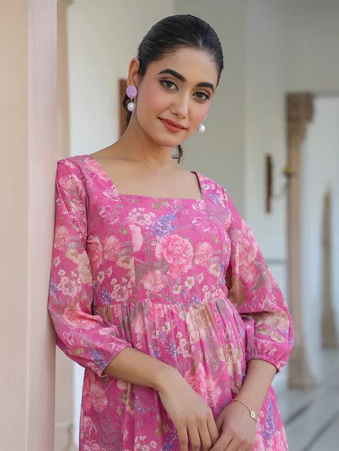 Saheli Pink Georgette Floral Printed Tiered Dress