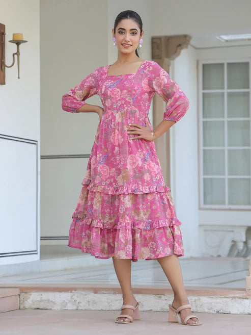 Saheli Pink Georgette Floral Printed Tiered Dress