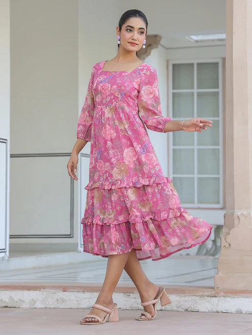 Saheli Pink Georgette Floral Printed Tiered Dress
