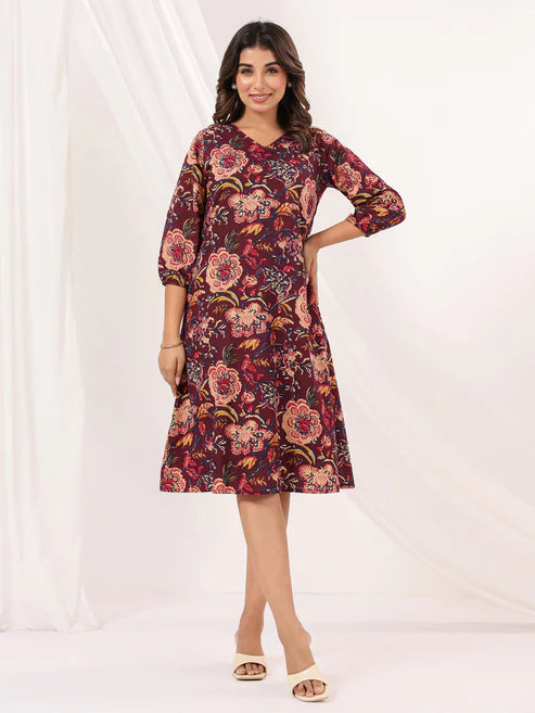 Saheli Women's Wine Pure Cotton Floral Printed A-line Dress