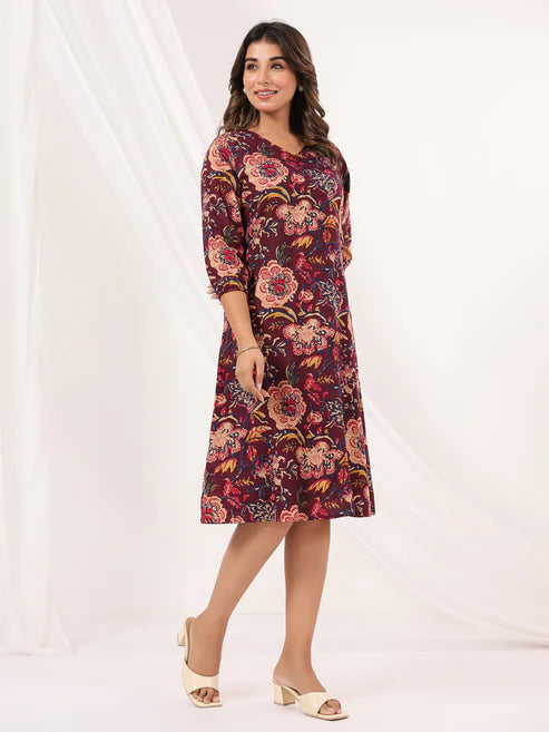 Saheli Women's Wine Pure Cotton Floral Printed A-line Dress