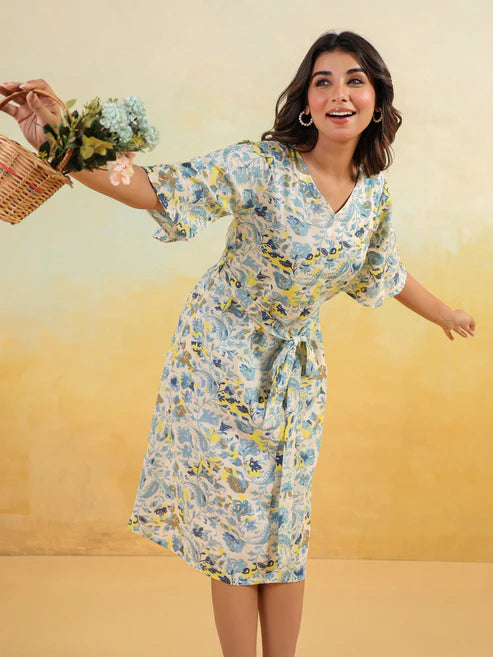 Saheli Women's Off White Linen Cotton Floral Printed A-line Dress