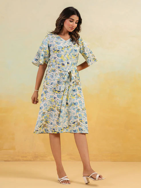 Saheli Women's Off White Linen Cotton Floral Printed A-line Dress