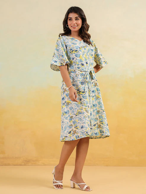 Saheli Women's Off White Linen Cotton Floral Printed A-line Dress