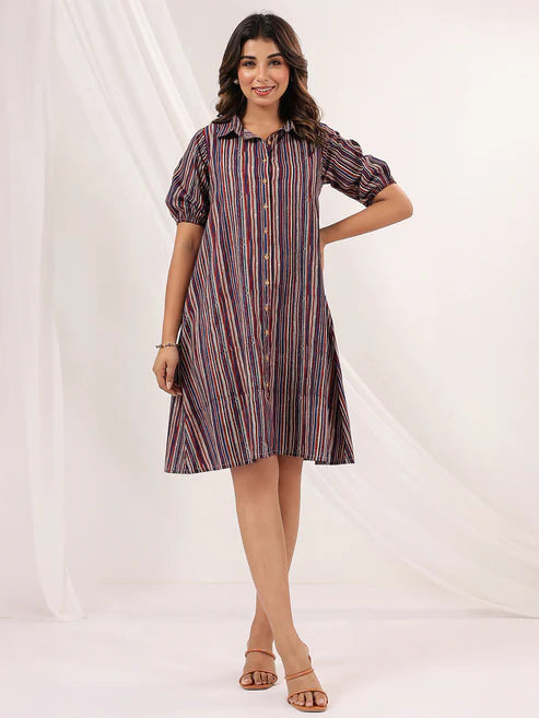 Saheli Women's Multicolor Pure Cotton Striped A-line Dress