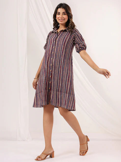 Saheli Women's Multicolor Pure Cotton Striped A-line Dress
