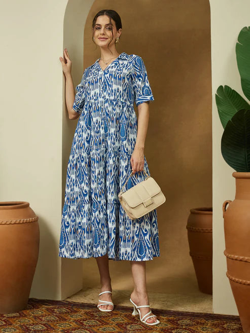 Saheli Women's Indigo Blue Linen Cotton Ikkat Printed Tiered Dress