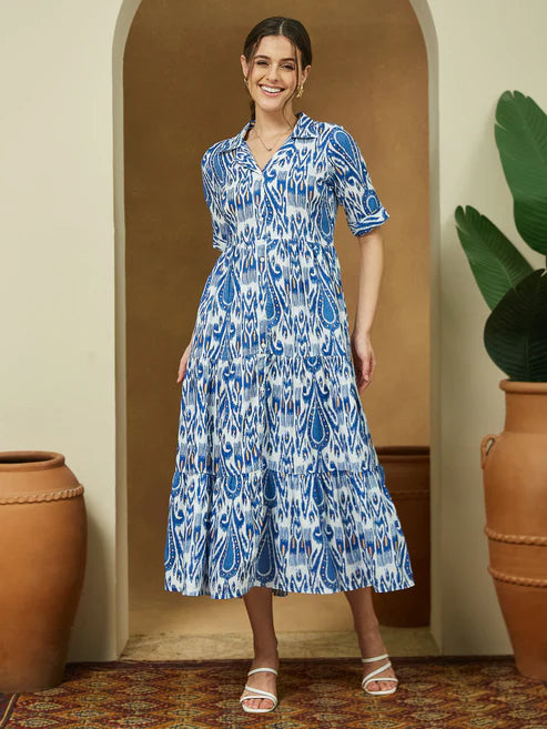 Saheli Women's Indigo Blue Linen Cotton Ikkat Printed Tiered Dress