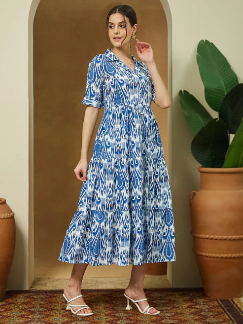 Saheli Women's Indigo Blue Linen Cotton Ikkat Printed Tiered Dress