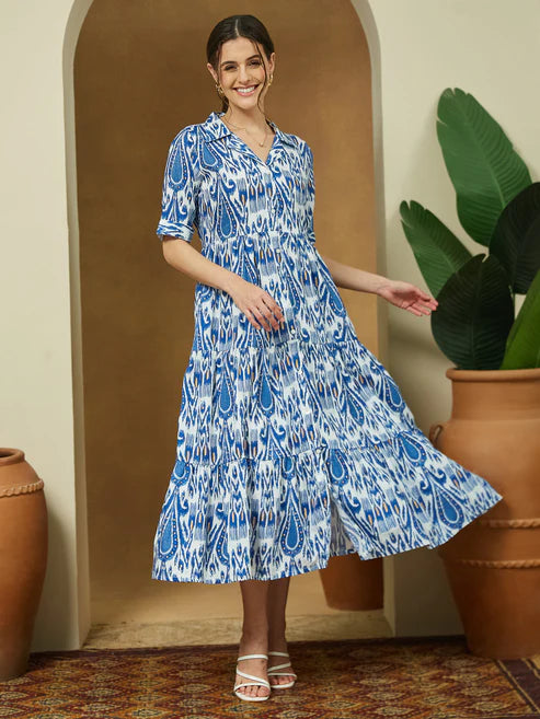 Saheli Women's Indigo Blue Linen Cotton Ikkat Printed Tiered Dress