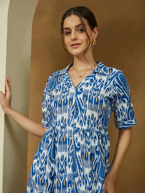 Saheli Women's Indigo Blue Linen Cotton Ikkat Printed Tiered Dress