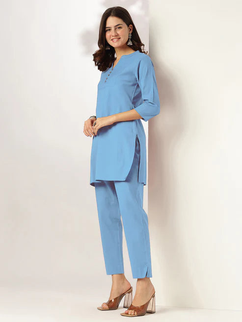 Saheli Women's Light Blue Linen Cotton Solid A-line Co-ord Set