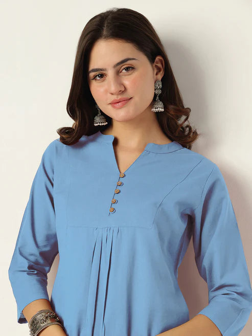 Saheli Women's Light Blue Linen Cotton Solid A-line Co-ord Set