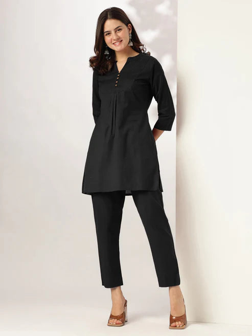 Saheli Women's Black Cotton Solid A-line Co-ord Set