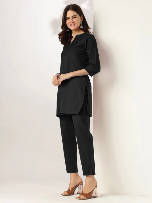 Saheli Women's Black Cotton Solid A-line Co-ord Set