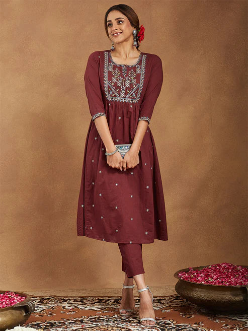 Saheli Women's Maroon Pure Cotton Embroidered A-line Kurta With Pant Set