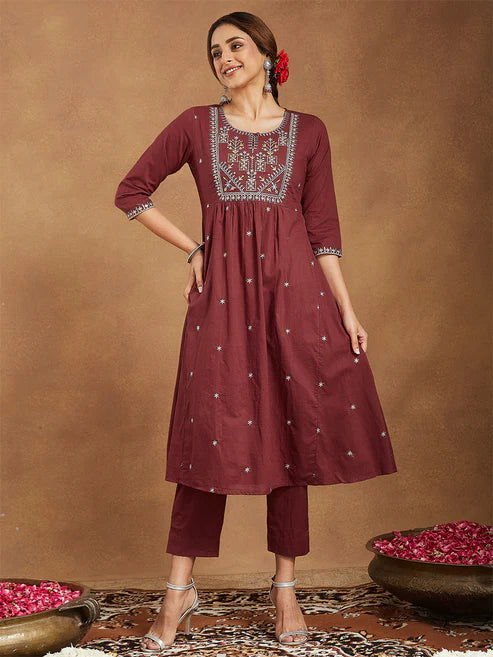 Saheli Women's Maroon Pure Cotton Embroidered A-line Kurta With Pant Set