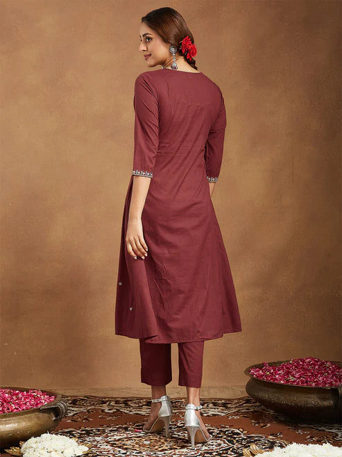 Saheli Women's Maroon Pure Cotton Embroidered A-line Kurta With Pant Set