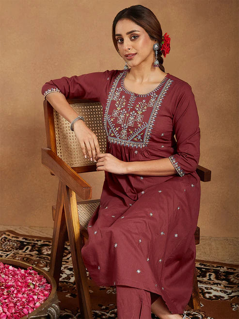 Saheli Women's Maroon Pure Cotton Embroidered A-line Kurta With Pant Set