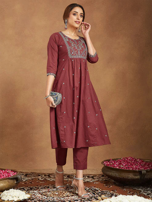 Saheli Women's Maroon Pure Cotton Embroidered A-line Kurta With Pant Set