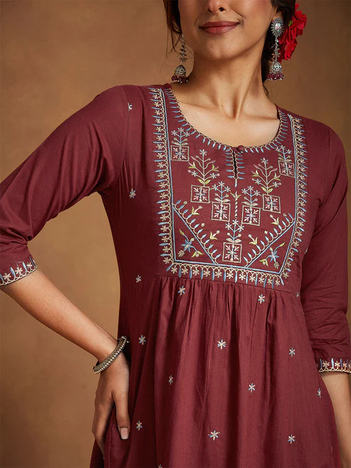 Saheli Women's Maroon Pure Cotton Embroidered A-line Kurta With Pant Set