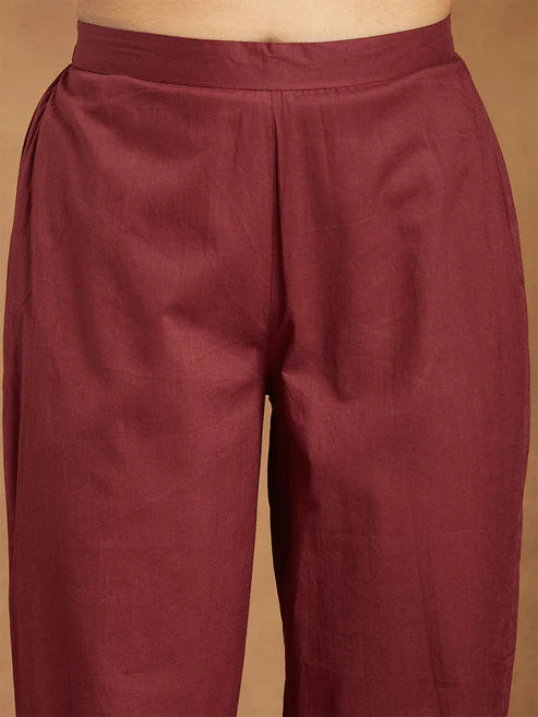 Saheli Women's Maroon Pure Cotton Embroidered A-line Kurta With Pant Set