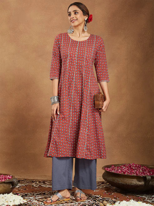 Saheli Women's Red Pure Cotton Floral Printed Anarkali Kurta With Palazzo Set