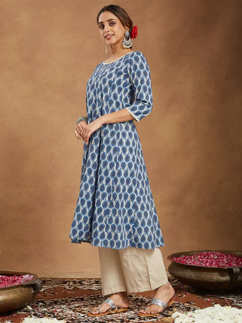 Saheli Women's Indigo Blue & Beige Pure Cotton Paisley Printed Anarkali Kurta With Palazzo Set