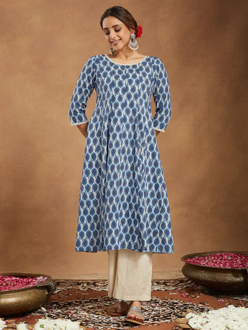 Saheli Women's Indigo Blue & Beige Pure Cotton Paisley Printed Anarkali Kurta With Palazzo Set