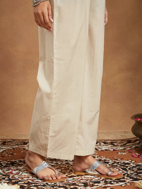 Saheli Women's Indigo Blue & Beige Pure Cotton Paisley Printed Anarkali Kurta With Palazzo Set