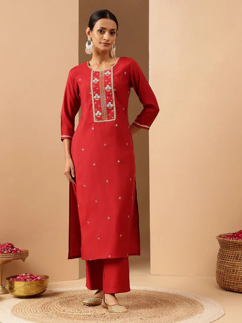 Saheli Women's Red Chanderi Silk Zari Embroidered Straight Kurta Pant Set