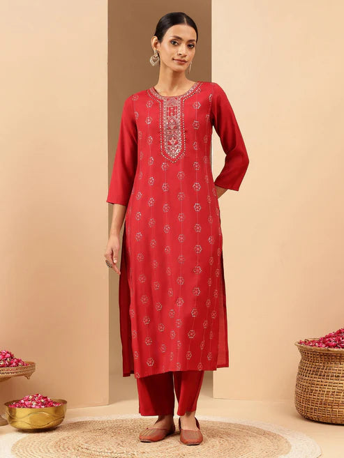 Saheli Women's Red Chanderi Silk Embellished Straight Kurta Pant Set