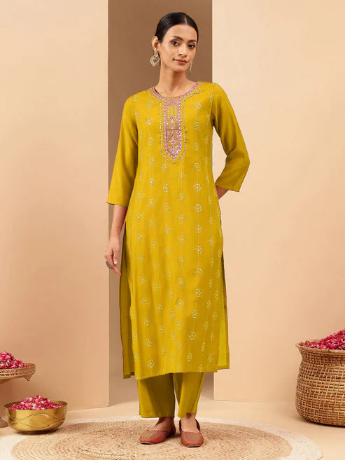 Saheli Women's Mustard Chanderi Silk Embellished Straight Kurta Pant Set