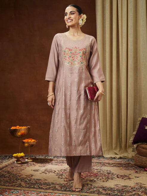 Saheli Women's Brown Silk Blend Zari Embroidered Straight Kurta Pant Set