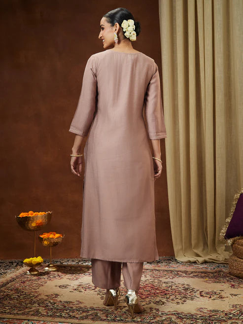 Saheli Women's Brown Silk Blend Zari Embroidered Straight Kurta Pant Set