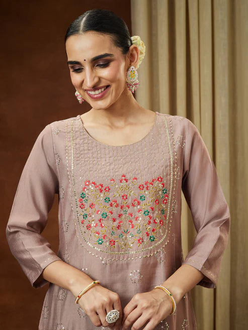 Saheli Women's Brown Silk Blend Zari Embroidered Straight Kurta Pant Set