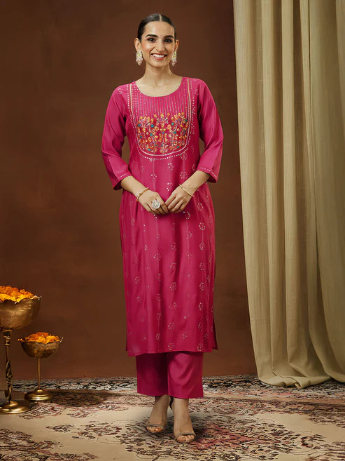Saheli Women's Pink Silk Blend Embroidered Straight Kurta Pant Set