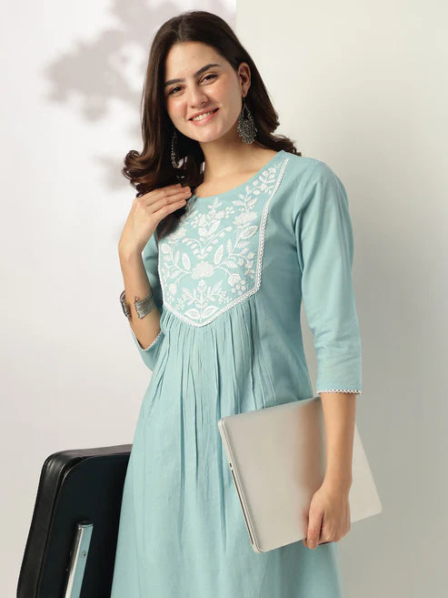 Saheli Blue Pure Cotton Yoke Embroidered A-line Kurta