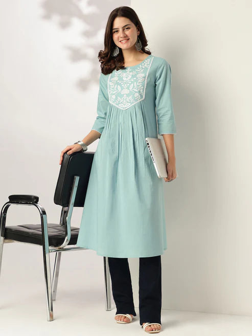 Saheli Blue Pure Cotton Yoke Embroidered A-line Kurta