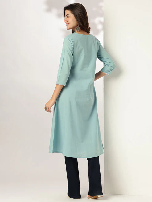 Saheli Blue Pure Cotton Yoke Embroidered A-line Kurta