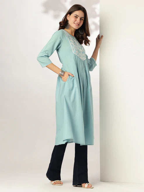 Saheli Blue Pure Cotton Yoke Embroidered A-line Kurta