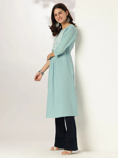 Saheli Blue Pure Cotton Yoke Embroidered A-line Kurta