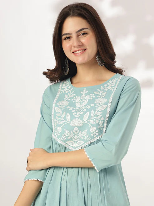 Saheli Blue Pure Cotton Yoke Embroidered A-line Kurta